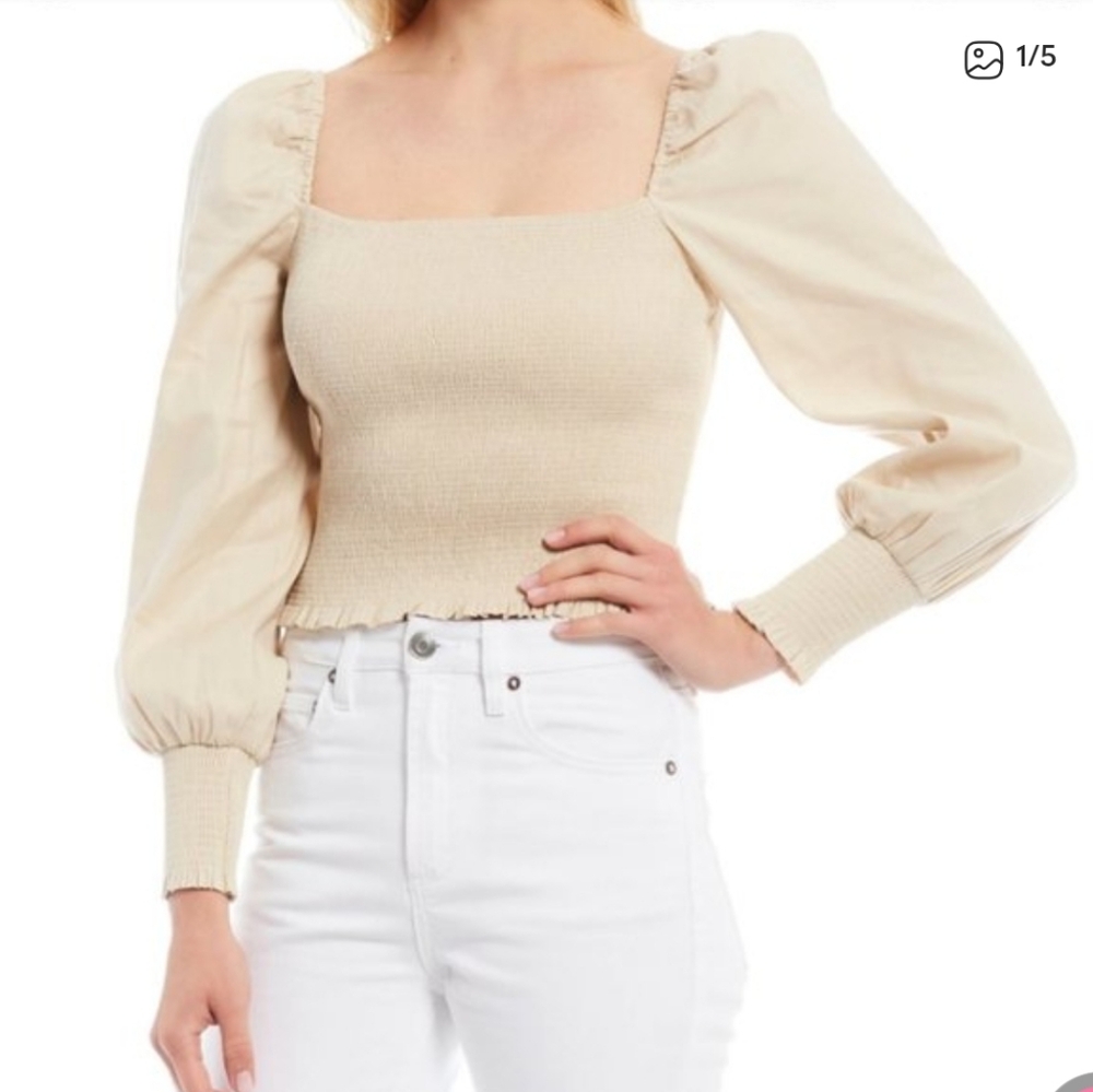Gianni Bini Cream Square Neck Smocked Balloon Sleeve Top, Size Small